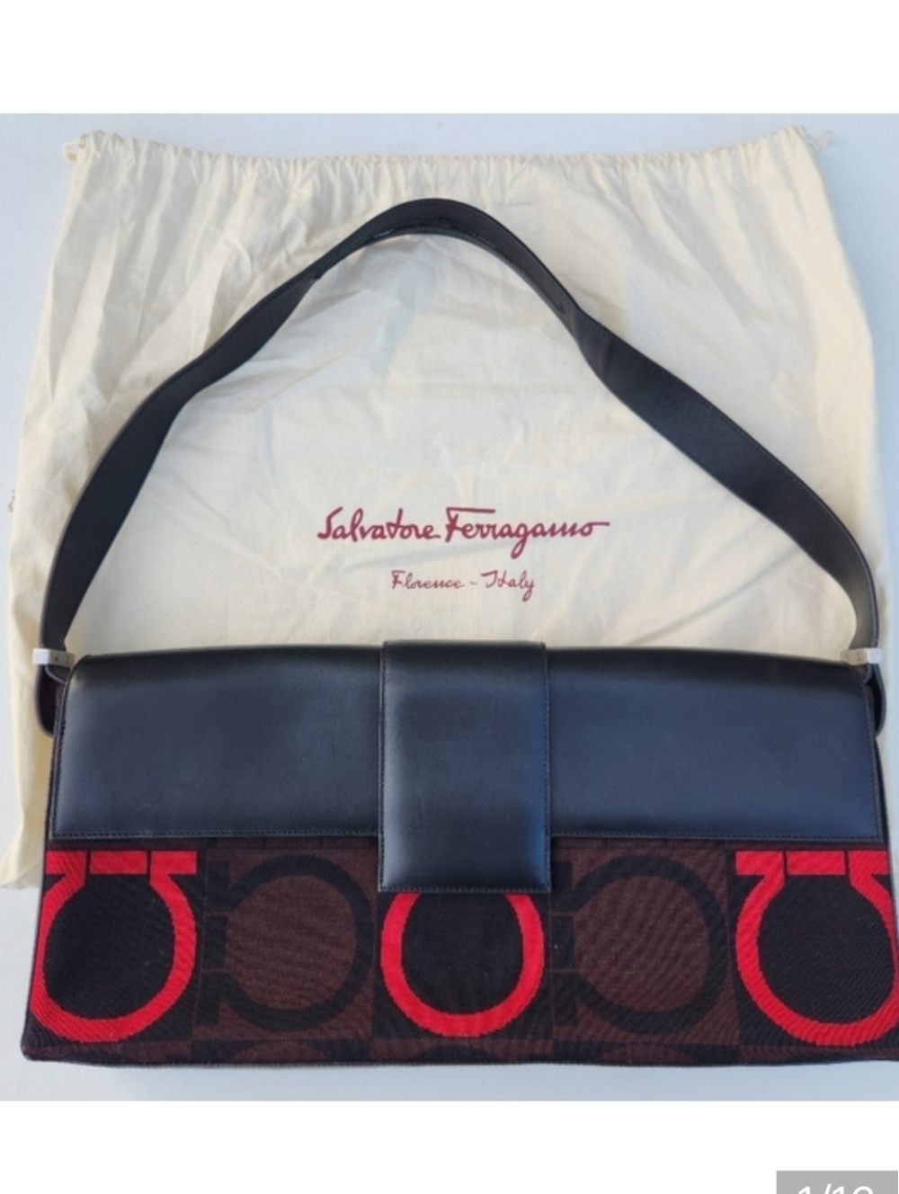 Salvatore Ferragamo Gancini Canvas Leather Black Brown Red Auth
